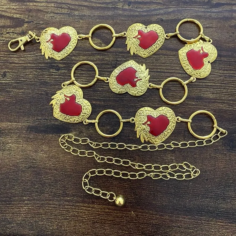 Gold Y2K Red Heart Open Ring Waist Chain Belt, Fits 25.5-45 Inches, X7GA1295